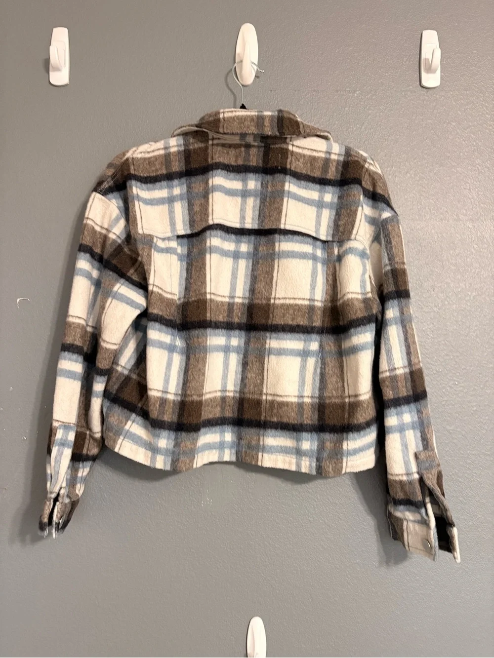Zara Plaid Cropped Shacket Jacket Blue Brown Cream Women’s XS